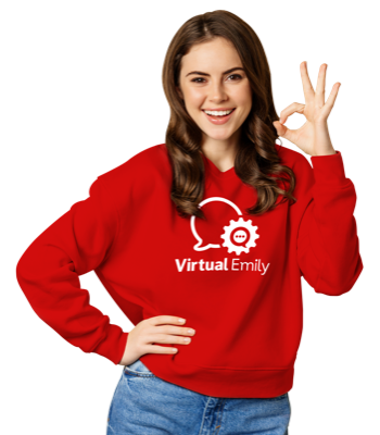 A Virtual Emily in a red Virtual Emily hoodie